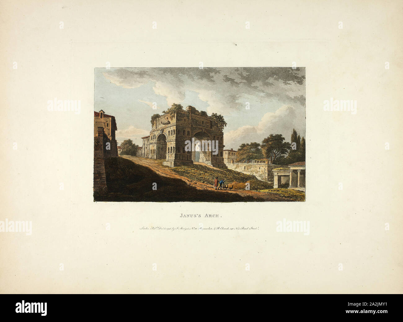 Janus's Arch, piastra di venti dalle rovine della Roma, pubblicato il 6 dicembre 1796, M. Dubourg, (Inglese, active 1786-1838), pubblicato da J. Merigot (italiano, sconosciuto), Inghilterra, colorate a mano la puntasecca su carta, 330 × 448 mm (foglio Foto Stock