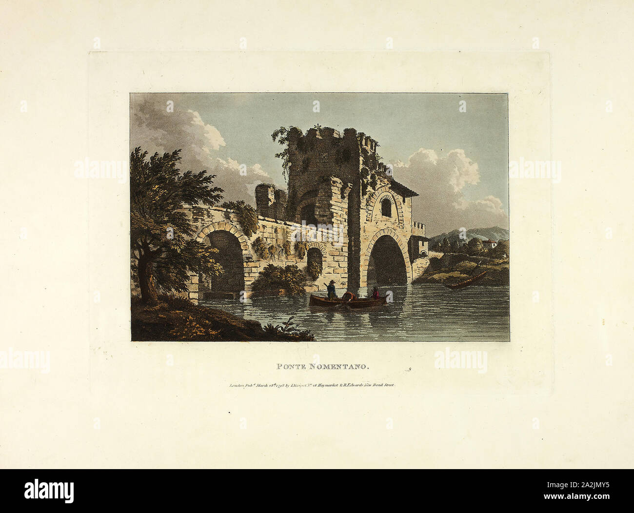 Il Ponte Nomentano, piastra ventisette dalle rovine di Roma, pubblicato il 28 marzo 1798, M. Dubourg, (Inglese, active 1786-1838), pubblicato da J. Merigot (italiano, sconosciuto), Inghilterra, colorate a mano la puntasecca su carta, 330 × 448 mm (foglio Foto Stock