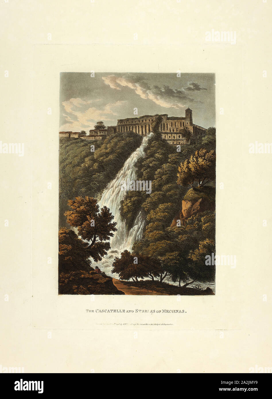 Le cascatelle e maneggio di Mecenas, piastra di trentatré dalle rovine della Roma, pubblicato il 21 aprile 1798, M. Dubourg, (Inglese, active 1786-1838), pubblicato da J. Merigot (italiano, sconosciuto), Inghilterra, colorate a mano la puntasecca su carta, 448 × 330 mm (foglio Foto Stock