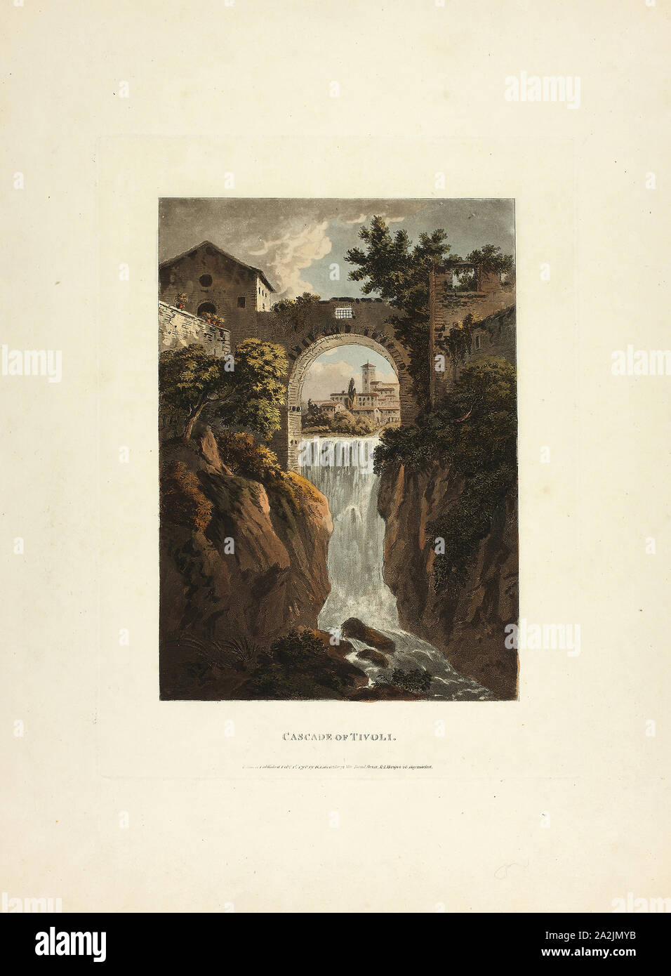 Cascata di Tivoli, piastra di trentanove dalle rovine della Roma, pubblicato il 1 febbraio 1798, M. Dubourg, (Inglese, active 1786-1838), pubblicato da J. Merigot (italiano, sconosciuto), Inghilterra, colorate a mano la puntasecca su carta, 448 × 330 mm (foglio Foto Stock