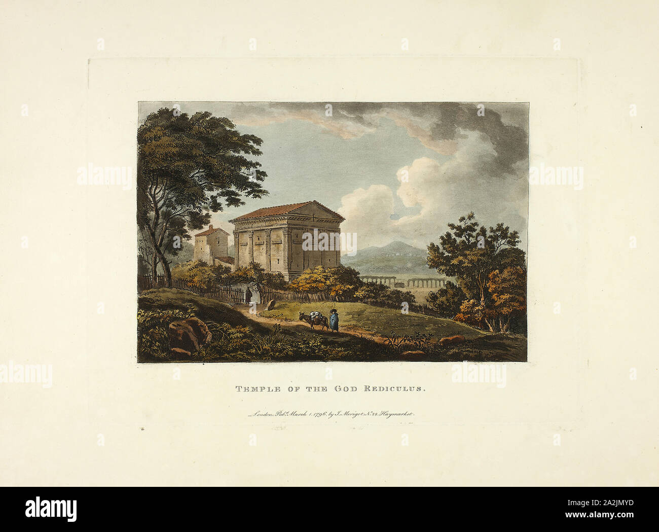 Tempio del Dio Rediculus, piastra cinque dalle rovine di Roma tempio del Dio Rediculus, piastra cinque dalle rovine della Roma, pubblicata il 1 marzo, 1796, M. Dubourg, (Inglese, active 1786-1838), pubblicato da J. Merigot (italiano, sconosciuto), Inghilterra, colorate a mano la puntasecca su carta, 330 × 448 mm (foglio Foto Stock