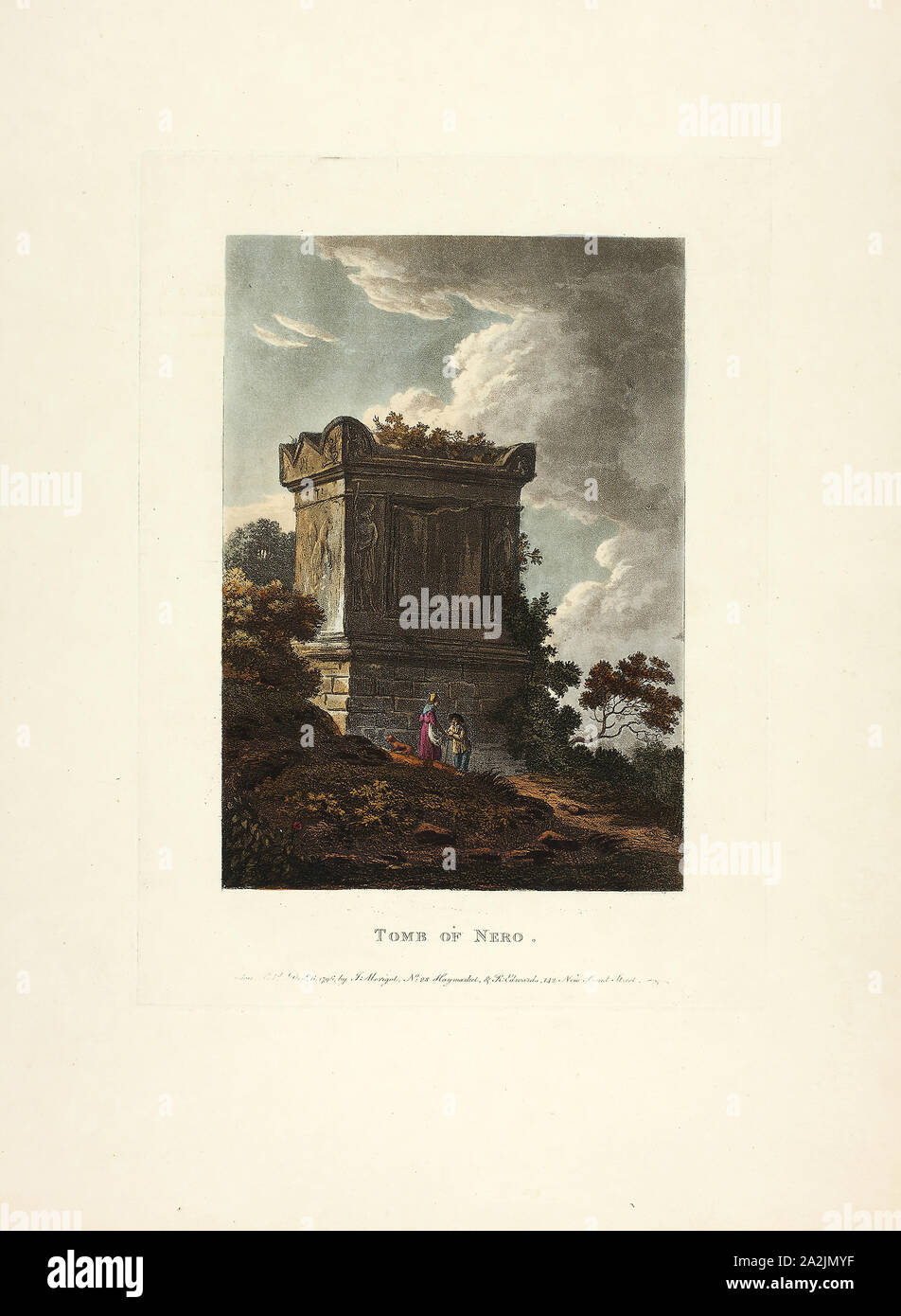 Tomba di Nerone, piastra 7 dalle rovine della Roma, pubblicato il 6 dicembre 1796, M. Dubourg, (Inglese, active 1786-1838), pubblicato da J. Merigot (italiano, sconosciuto), Inghilterra, colorate a mano la puntasecca su carta, 448 × 330 mm (foglio Foto Stock