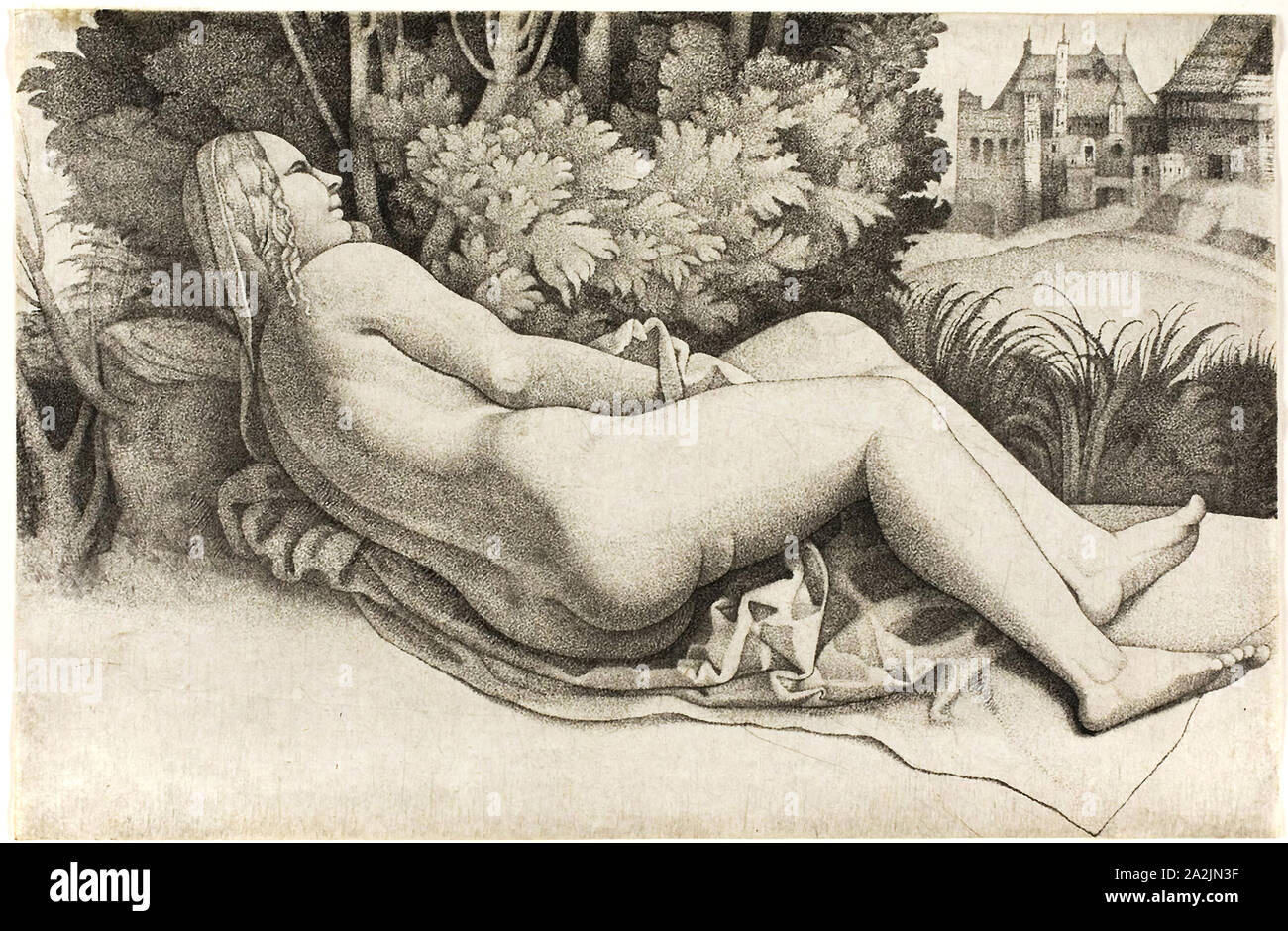 Donna reclinata in un paesaggio, 1508/09, Giulio Campagnola, Italiano, c. 1482-1515/18, l'Italia, incisioni su carta, 119 x 182 mm (foglio Foto Stock