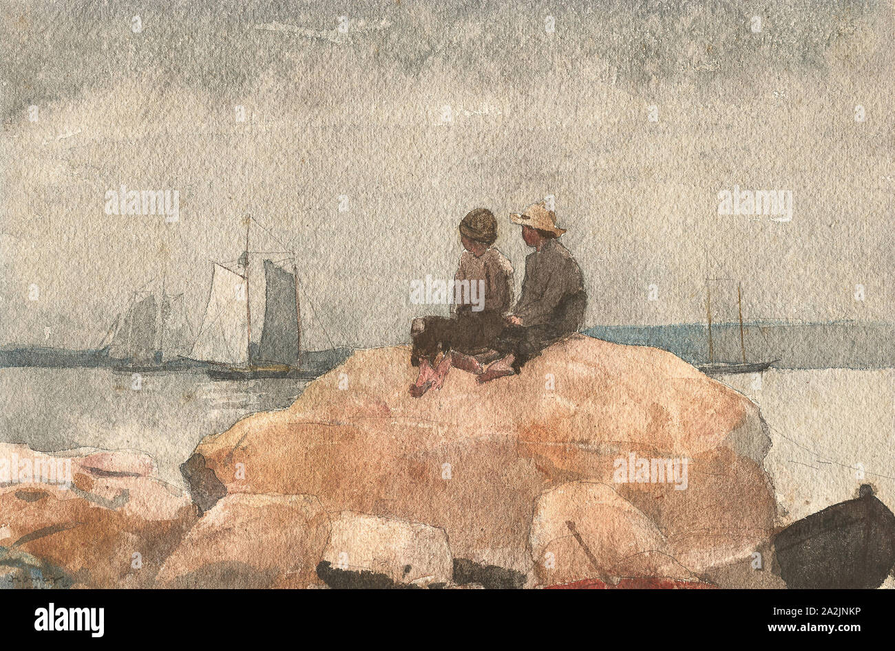 Due ragazzi guardare le golette, 1880, Winslow Homer, Americano, 1836-1910, Stati Uniti, acquerello, con grafite, su moderatamente spessa e ruvida, avorio carta intessuta, 227 x 340 mm Foto Stock