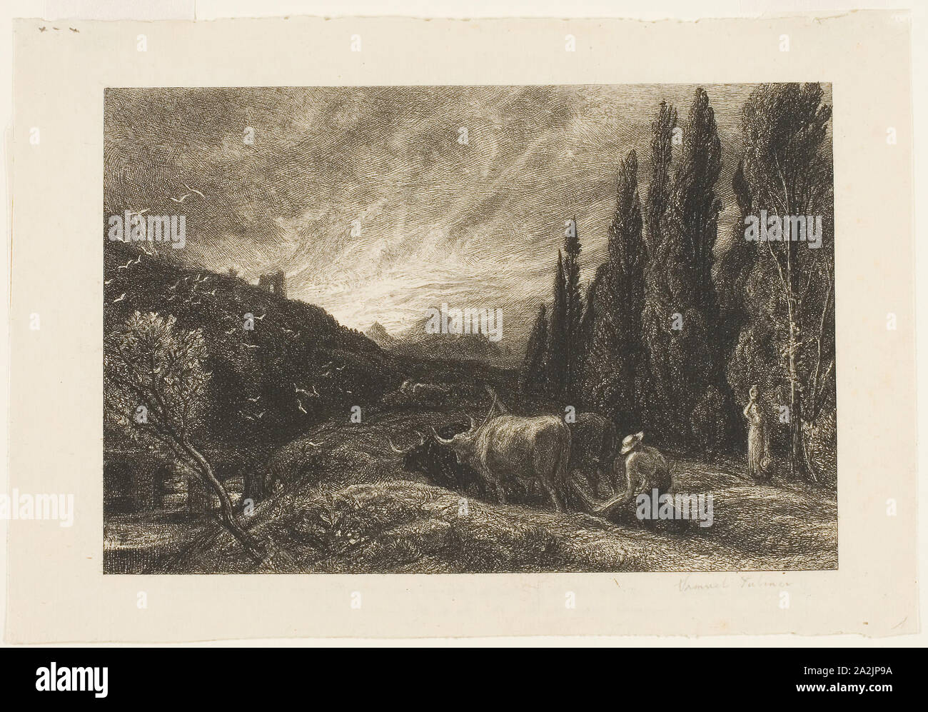 I primi Plowman, c. 1861, Samuel Palmer, Inglese, 1805-1881, Inghilterra, incisione su carta, 131 × 198 mm (nell'immagine), 168 × 244 mm (foglio Foto Stock