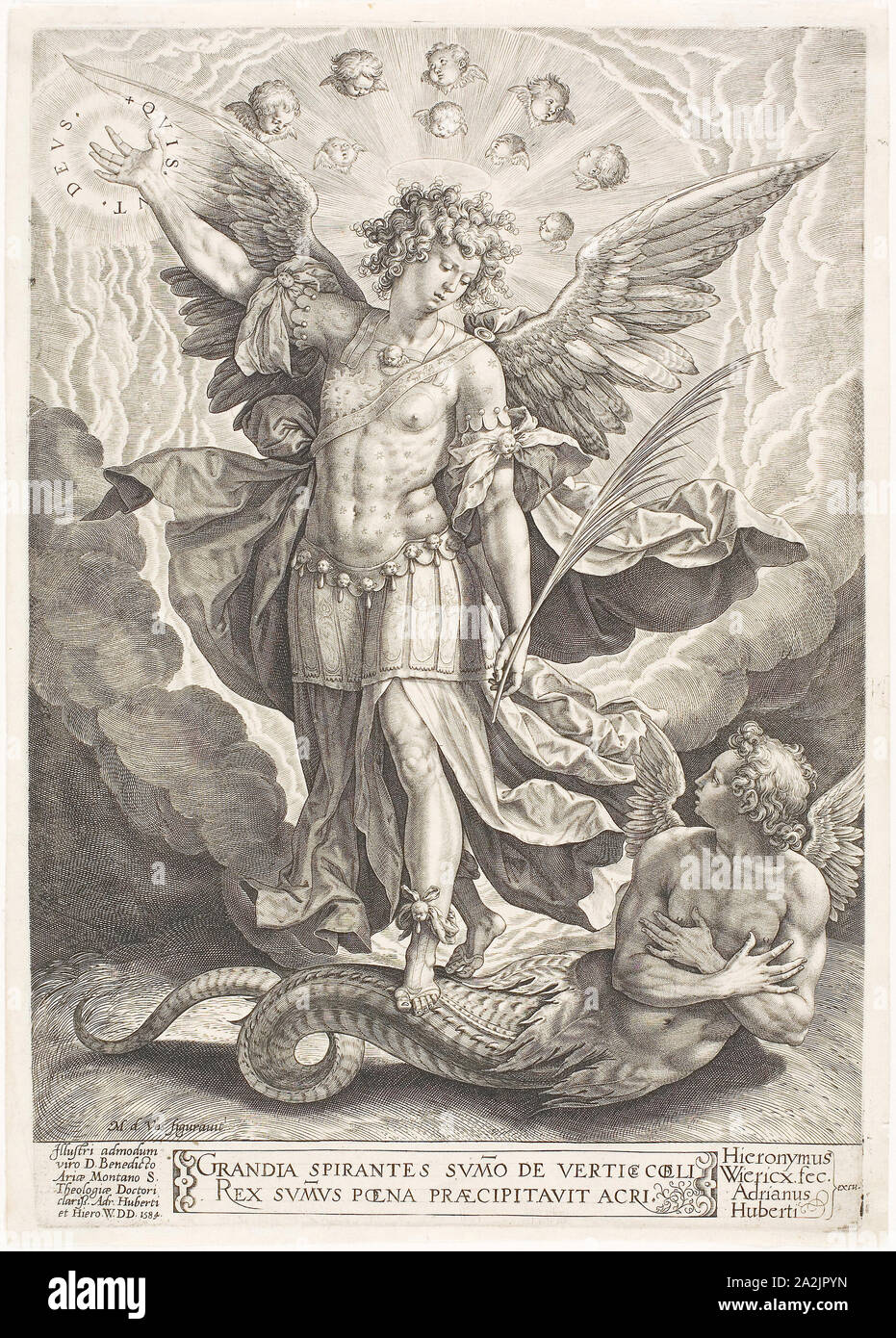 St Michael trionfo su il drago, 1584, Girolamo Wierix (fiammingo, 1553-1619), dopo Martin de Vos (fiammingo, 1532-1603), Fiandre, incisione in nero su avorio carta vergata, 291 × 202 mm (immagine/piastra), 300 × 214 mm (foglio Foto Stock