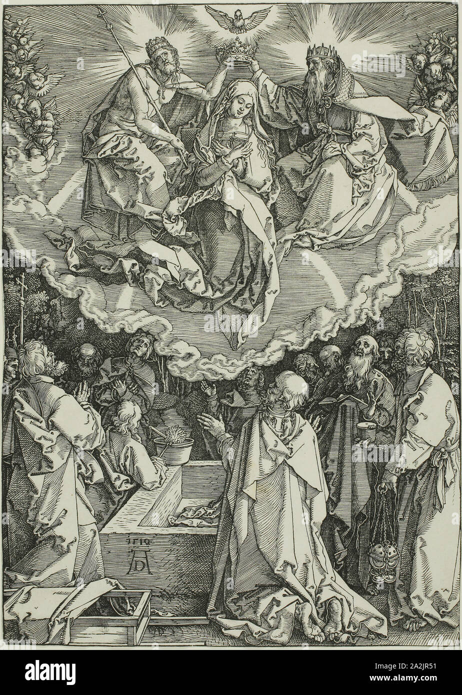Assunzione e Incoronazione della Vergine, dalla vita della Vergine, 1510, Albrecht Dürer, Tedesco, 1471-1528, Germania, Xilografia in nero su avorio carta vergata, 291 x 207 mm Foto Stock
