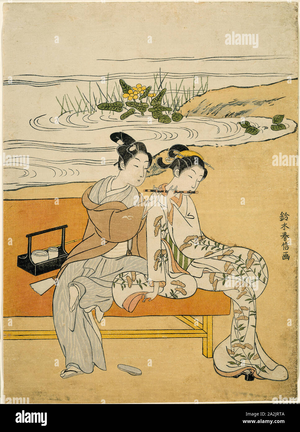 Gli amanti giocare lo stesso Fute (parodia di Xuanzong e Yang Guifei), c. 1767, Suzuki Harunobu 鈴木 春信, Giapponese, 1725 (?)-1770, Giappone, Color woodblock stampa, chuban, 26,8 x 19,7 cm (10 1/2 x 7 3/4 in Foto Stock