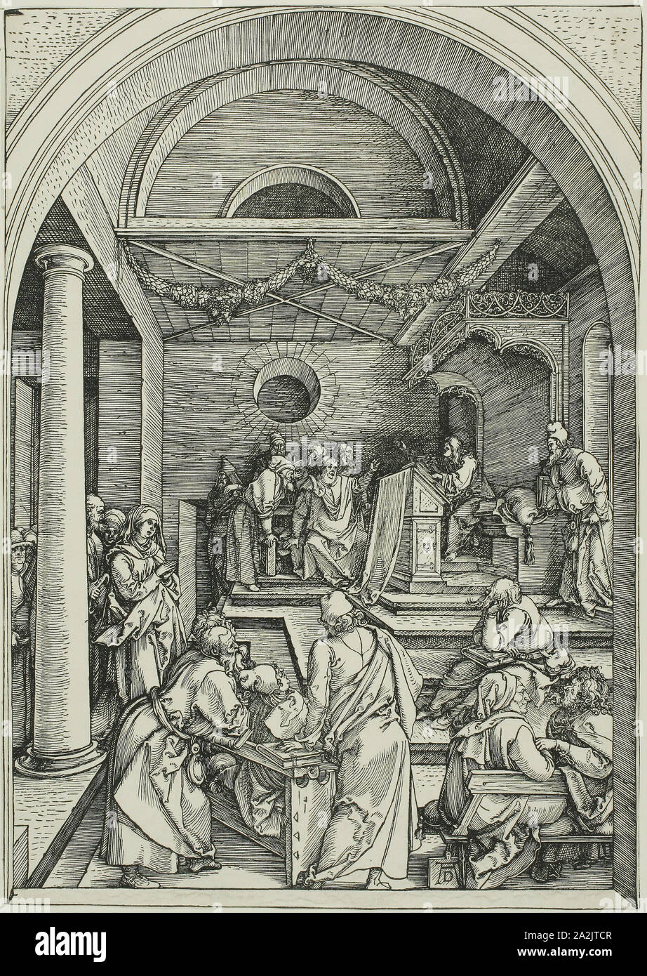 Cristo tra i dottori, dalla vita della Vergine, c. 1503, Albrecht Dürer, Tedesco, 1471-1528, Germania, Xilografia in nero su avorio carta vergata, 293 x 208 mm Foto Stock