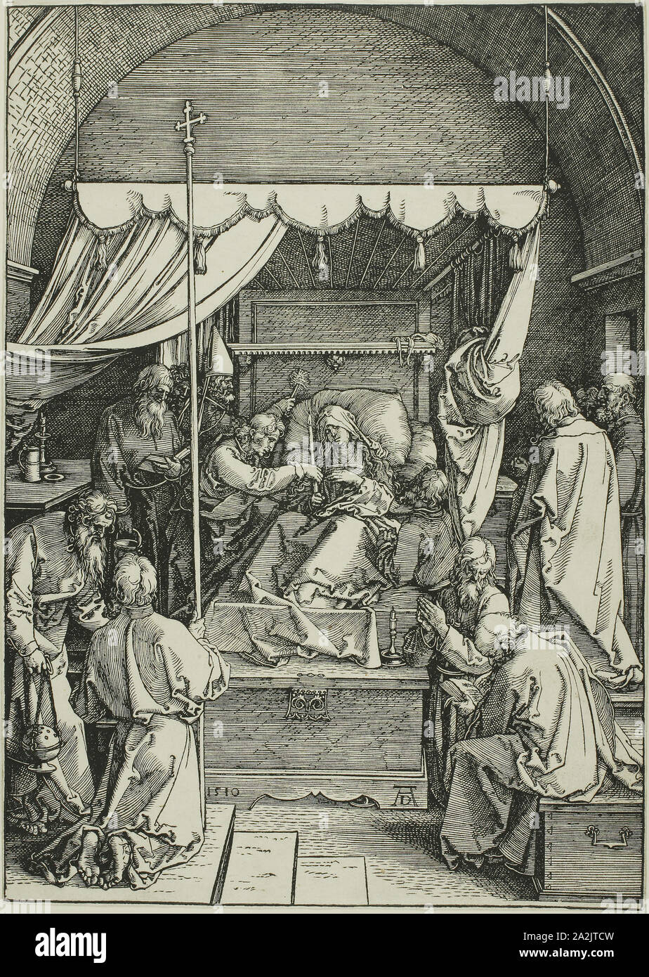 La morte della Vergine, dalla vita della Vergine, 1510, pubblicato 1511, Albrecht Dürer, Tedesco, 1471-1528, Germania, Xilografia in nero su avorio carta vergata, 293 x 208 mm Foto Stock