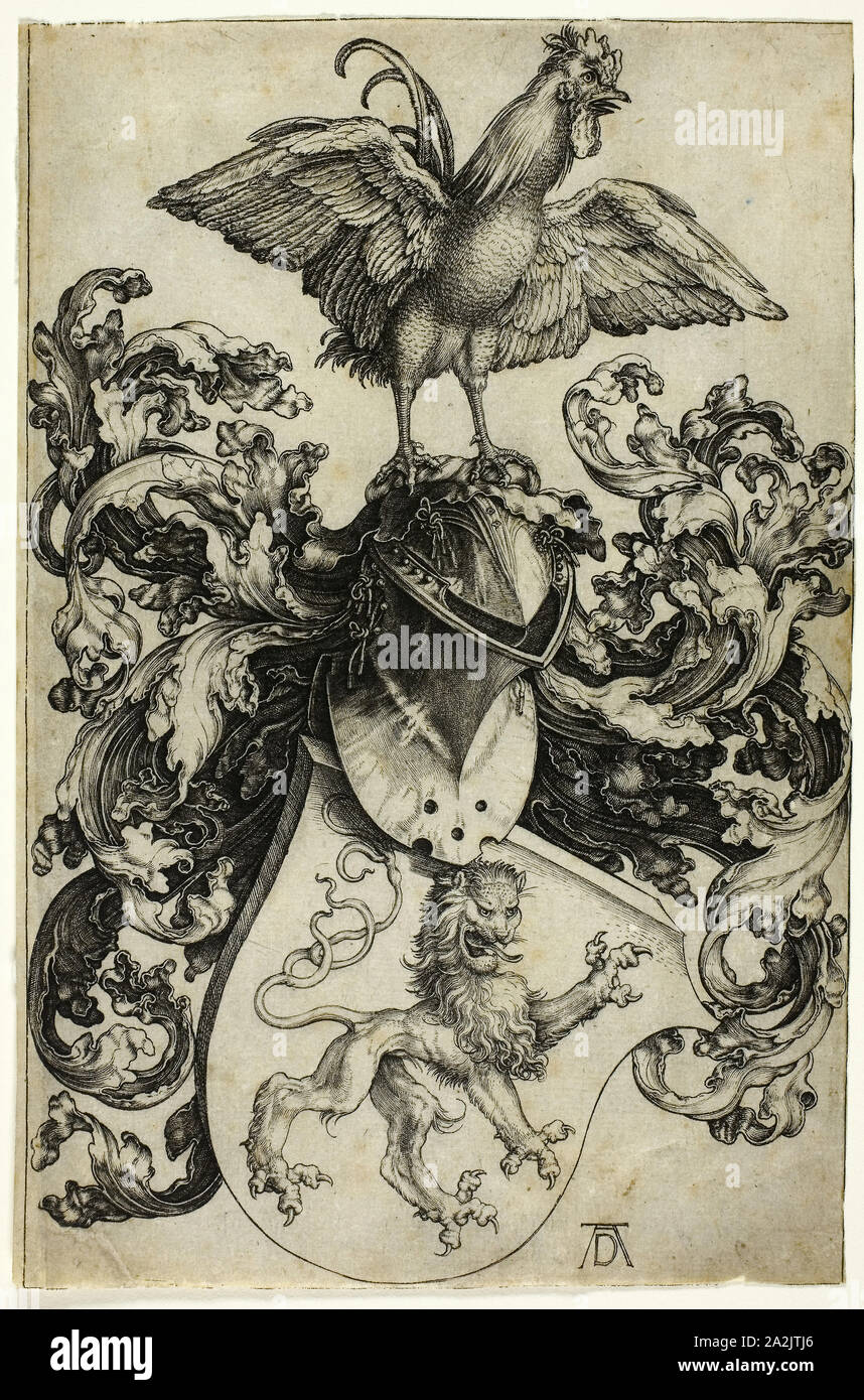 Stemma con leone e il Gallo, 1503, stampato dopo 1550, Albrecht Dürer, Tedesco, 1471-1528, Germania, incisione in nero su avorio carta vergata, 182 x 119 mm (nell'immagine), 182 x 120 mm (foglio Foto Stock