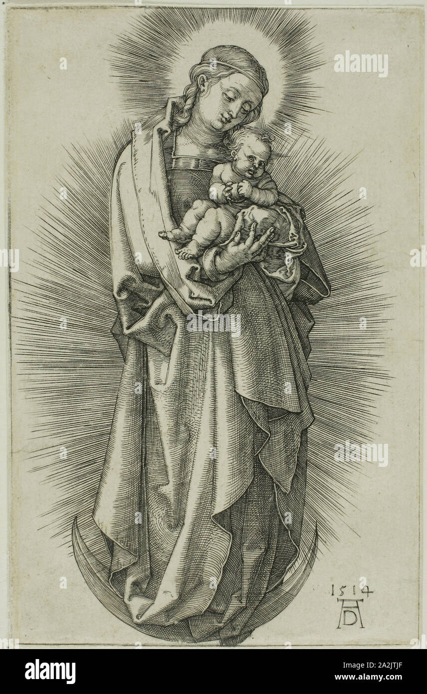 La Vergine sulla Crescent con un diadema, 1514, Albrecht Dürer, Tedesco, 1471-1528, Germania, incisione in nero su avorio carta vergata, 118 x 77 mm (l'immagine/piastra/LAMIERA Foto Stock