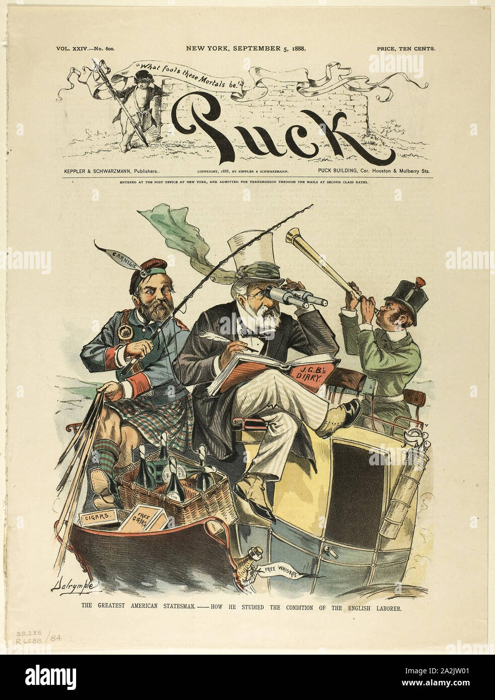 Il grande statista americano, Puck, pubblicato il 5 settembre 1883, Louis Dalrymple, Americano, 1865-1905, Stati Uniti, Litografia a colori su carta da giornale, 353 x 267 mm, l'ultimo bagnante, dal Puck, 1880, Joseph Keppler, Americano, 1638-1894, Stati Uniti, Litografia a colori su carta da giornale, 205 x 221 mm Foto Stock