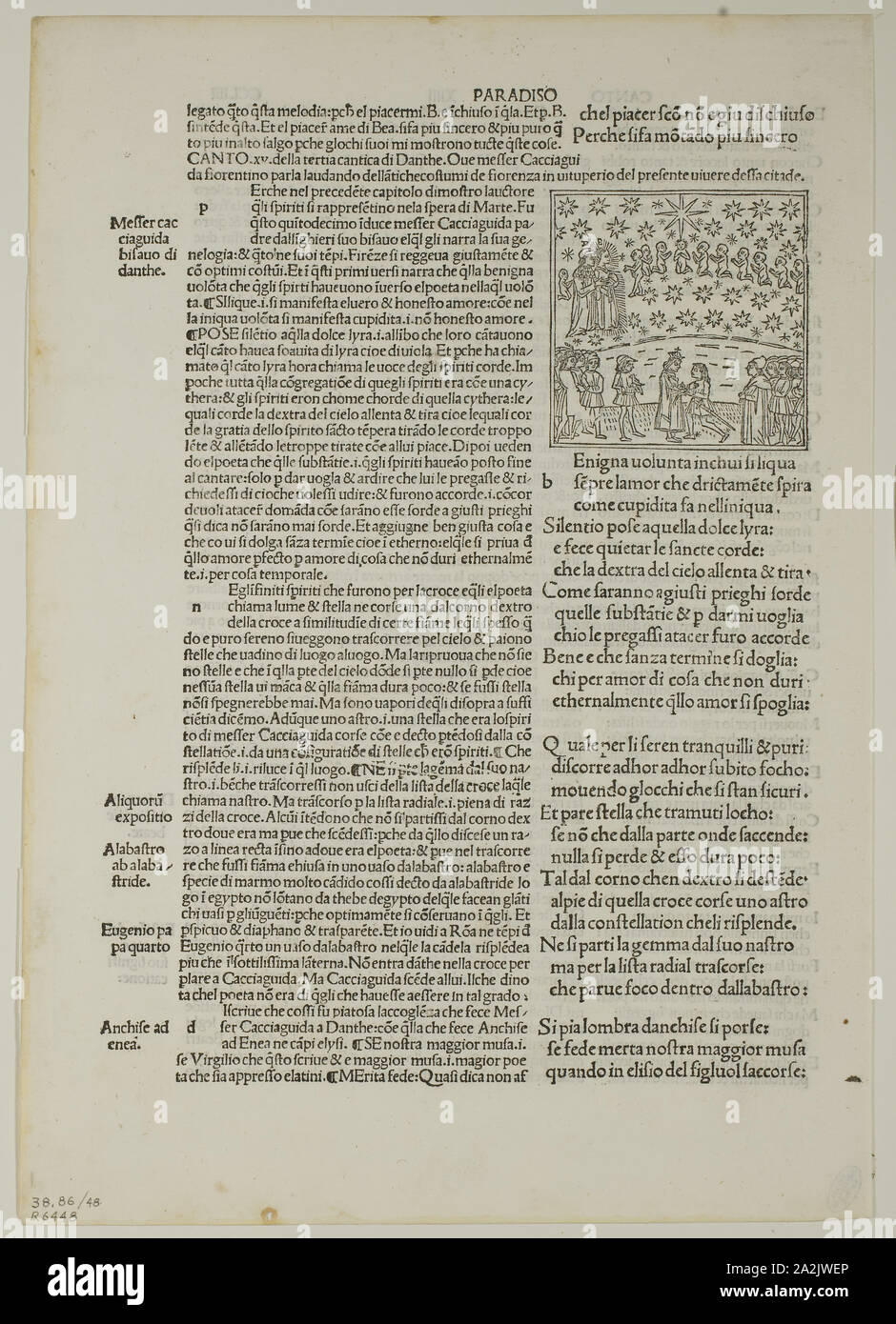 Paradiso: Canto XV (Quinto cielo, sfera di Marte) dalla Divina Commedia (Divina Commedia), piastra 48 da xilografie da libri del xv secolo, 1491, portfolio assemblati 1929, Artista sconosciuto (Venezia, tardo XV secolo), stampato e pubblicato da Bernardino Benalius (Italiano, c. 1458-c. 1543) e Matteo Capcasa (italiano, attivo 1485-1491), testo originale da Dante (Italiano, c. 1265-1321), testo del portafoglio da Wilhelm Ludwig Schreiber (tedesco, 1855-1932), Italia, Xilografia in bianco e nero e stampa tipografica in nero (recto e verso), la crema di cui carta, 65 x 64 mm (l'immagine/blocco), 301 x 212 mm (foglio Foto Stock