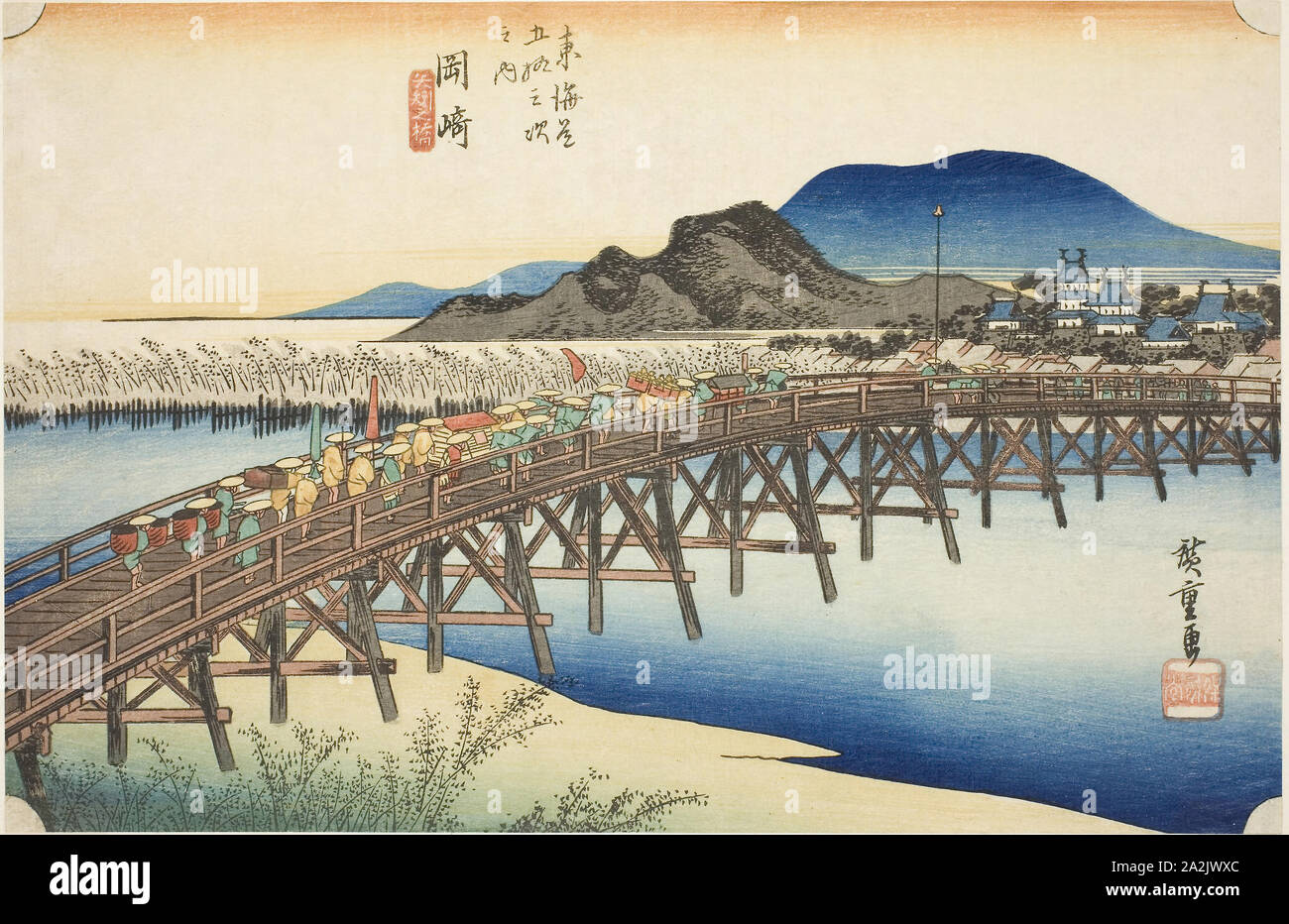 Okazaki: Ponte Yahagi (Okazaki, Yahagi no hashi), dalla serie di cinquanta tre stazioni della linea Tokaido (Tokaido gojusan tsugi no uchi), noto anche come Hoeido Tokaido, c. 1833/34, Utagawa Hiroshige 歌川 広重, Giapponese, 1797-1858, Giappone, Color woodblock stampa, Oban, 22,6 x 34,6 cm (8 15/16 x 13 3/4 in Foto Stock