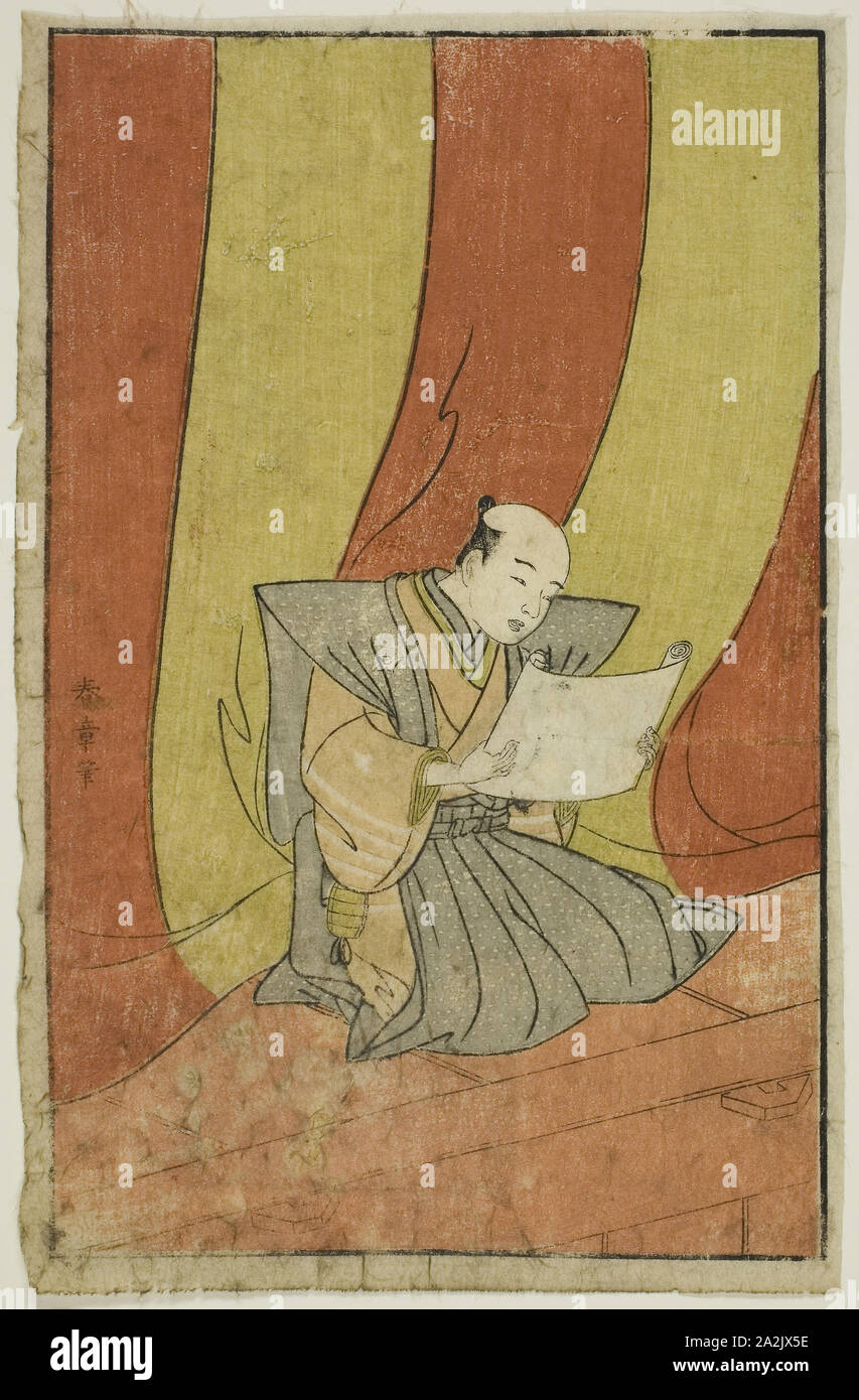 Il Annoucement, la pagina di un libro di fotografia dello stadio i tifosi (Ehon butai ogi), 1770, Katsukawa Shunsho 勝川 春章, Giapponese, 1726-1792, Giappone, Color woodblock stampa pagina dal libro illustrato, 9 3/4 x 6 3/8 in Foto Stock