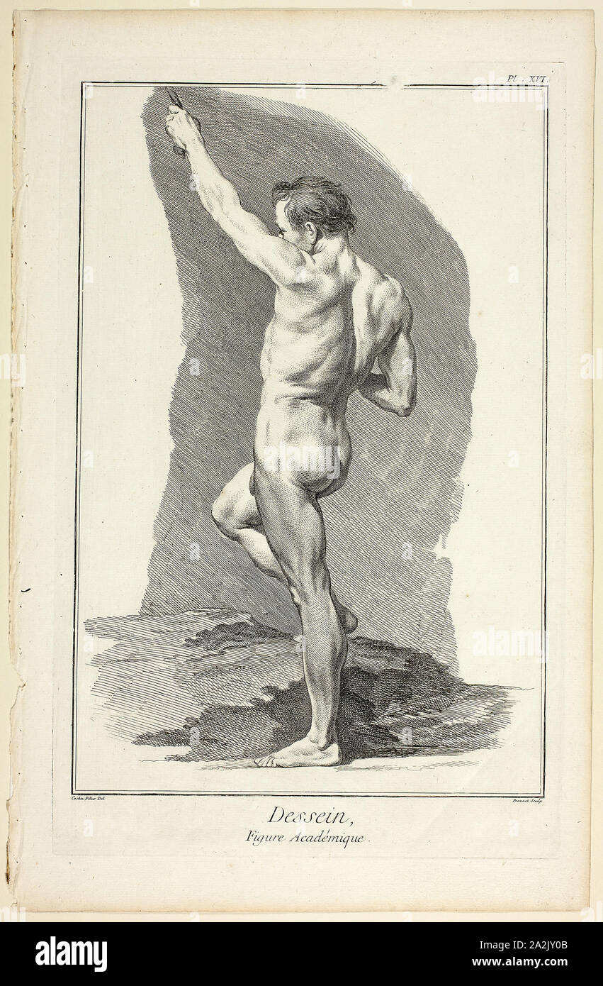 Design: Figura accademica, da Encyclopédie, 1762/77, Benoît-Louis Prévost (francese, c. 1735-1809), dopo Charles-Nicholas Cochin, il giovane (Francese, 1715-1790), pubblicata da André le Breton (Francese, 1708-1779), Michel-Antoine David (francese, c. 1707-1769), Laurent Durand (Francese, 1712-1763), e Antoine-Claude Briasson (Francese, 1700-1775), Francia, attacco, con incisione, la crema di cui carta, 311 × 210 mm (nell'immagine), 354 × 225 mm (piastra), 400 × 260 mm (foglio Foto Stock