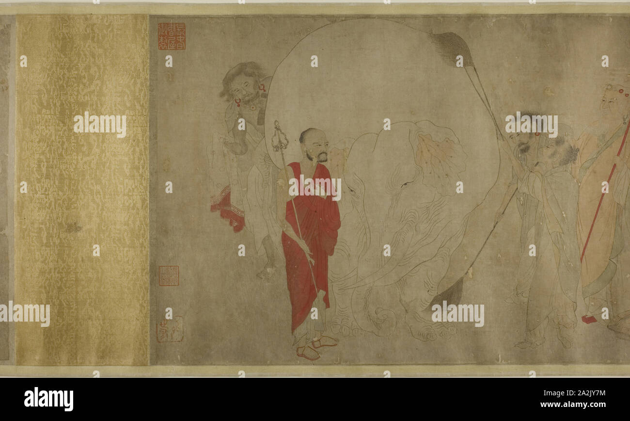 Il lavaggio del White Elephant, dinastia Ming (1369-1644), risalente alla fine del XVI secolo, artista sconosciuto (dopo Zhang Sengyao o Qian Xuan), Cinese, Cina, Handscroll, inchiostro e colori su carta, 14 3/8 × 17 in Foto Stock