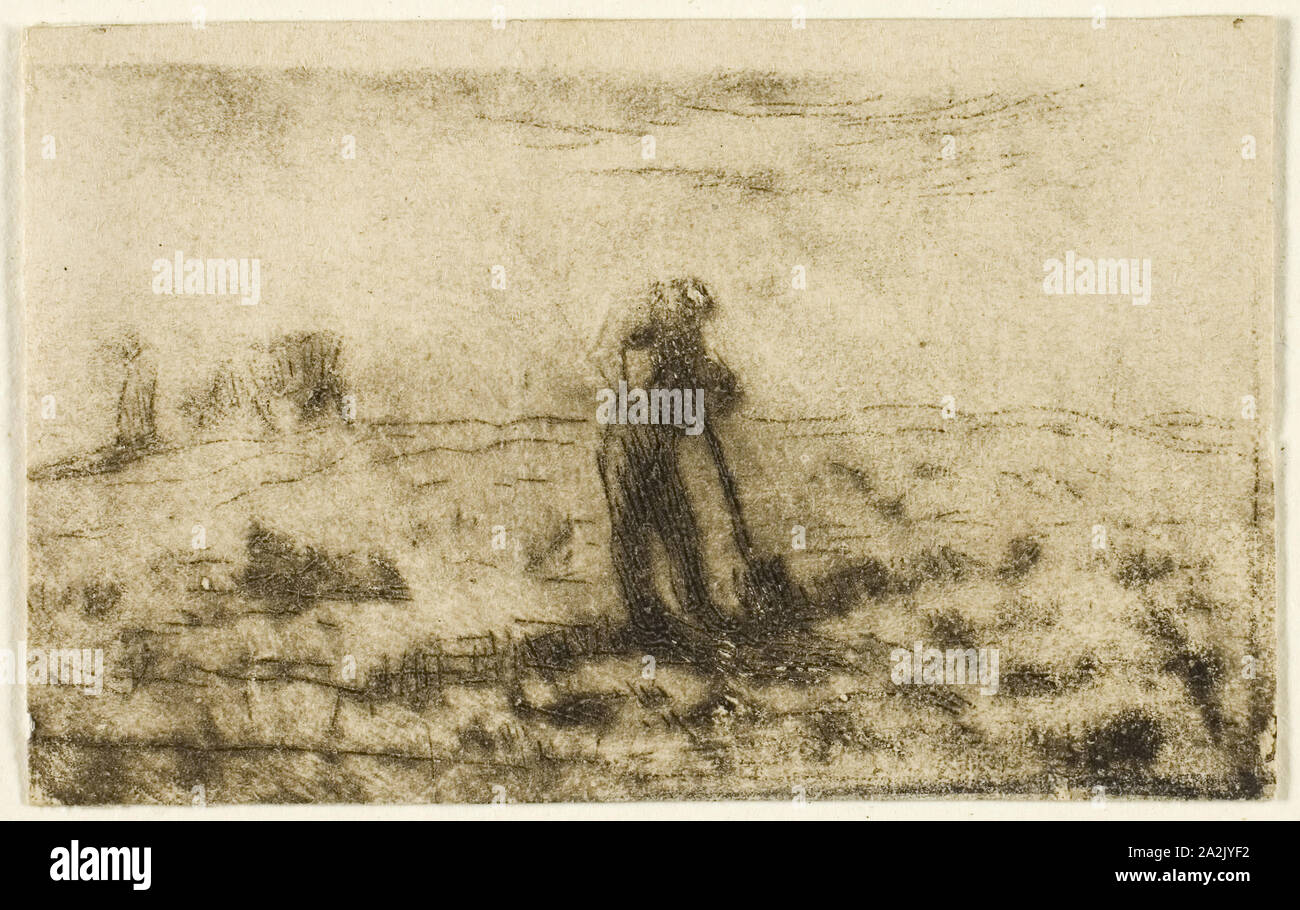 Donna appendere fuori i vestiti, c. 1855, Jean François Millet, Francese, 1814-1875, Francia, incisione e puntasecca su avorio carta intessuta, 92 × 100 mm (nell'immagine), 109 × 107 mm (foglio Foto Stock