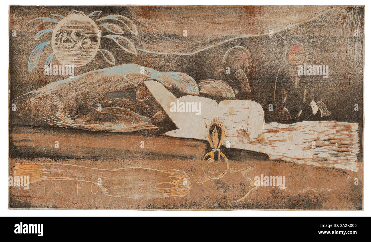 Te po (la notte) da Noa Noa Suite, 1893/94, Paul Gauguin, Francese, 1848-1903, Francia, legno-blocco di stampa, stampato due volte in marrone e nero inchiostri, con tergivetri selettiva e mano-applicato il rosso, due toni di colore arancione, giallo, due toni di blu, grigio-argento e nero acquerello, la crema di cui carta giapponese fissate sulla carta velina crema carta giapponese (un laminato realizzato dall'artista), 204 × 355 mm (nell'immagine), 207 × 358 mm (foglio Foto Stock