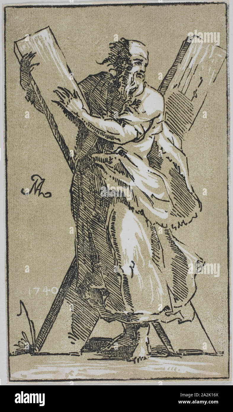 Sant'Andrea, 1740, Conte Anton Maria Zanetti, Italiano, 1680-1767, l'Italia, incisione a legno in chiaroscuro in marrone e nero su avorio carta vergata, 169 x 101 mm (l'immagine/foglio, tagliato a blocco Foto Stock