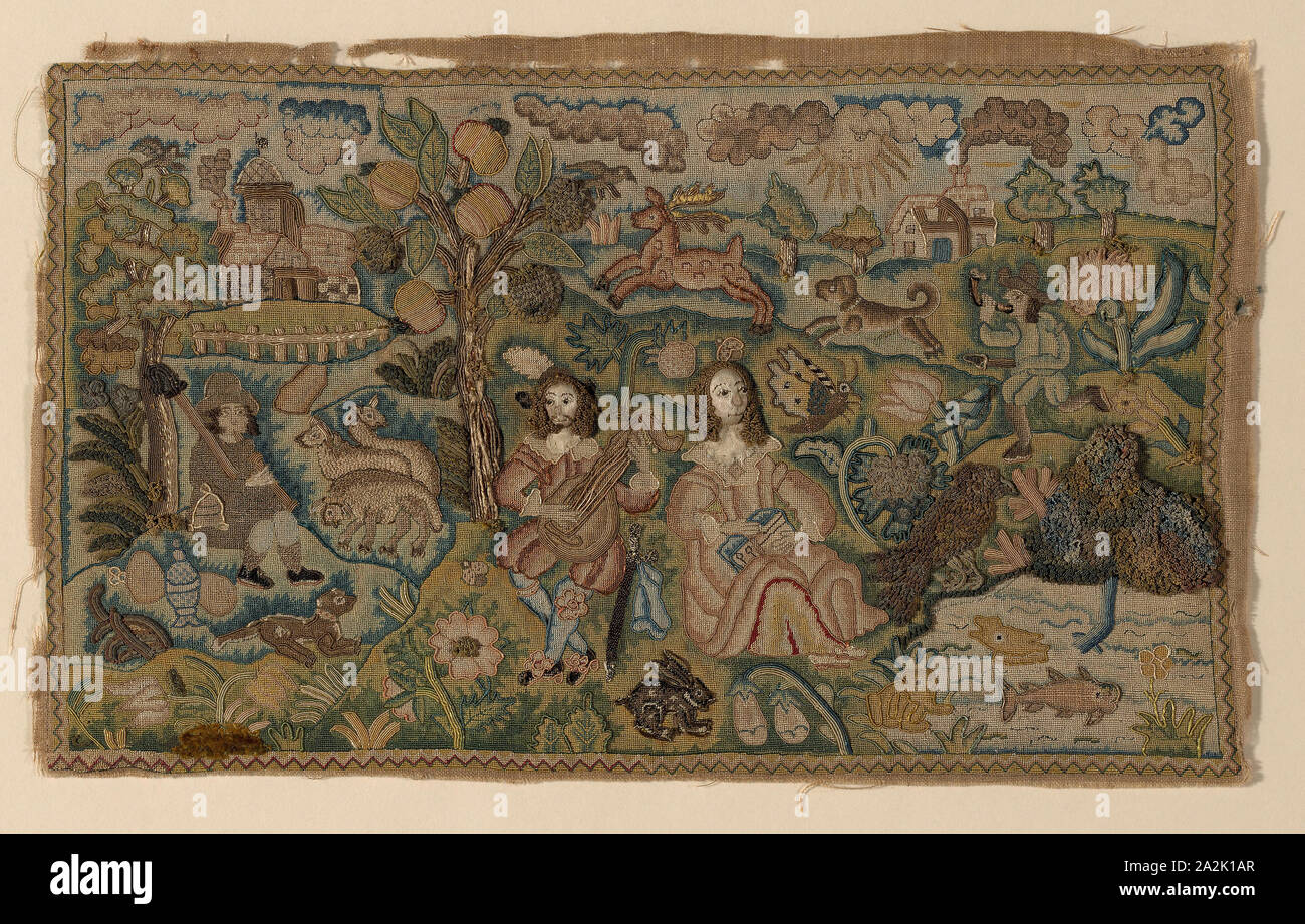 Foto, secolo XVII, Inghilterra, probabilmente biancheria, ad armatura a tela, appliquéd con seta, warp-galleggiante di fronte 4:1 raso su fibre liberiane imbottitura, ricamato in seta, seta-avvolto-metallo bobine di filo, argentato-metallo-strip-avvolto di seta e piume in lingotti, asola, staccato di twisted trammed asola, invadendo Gobelin, singoli indietro, sollevate il gambo e la tenda cuciture, di cui il lavoro e adagiandosi, abbellito con mica, 21,9 × 35,2 cm (8 5/8 × 13 7/8 in Foto Stock