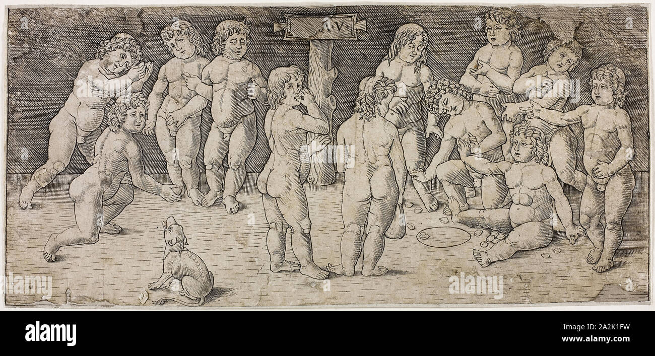 Dodici Amorini giocando, c. 1477, Giovanni Pietro da Birago, Italiano, 1471/4-1513, Italia, incisione in nero su carta, 127 × 279 mm Foto Stock