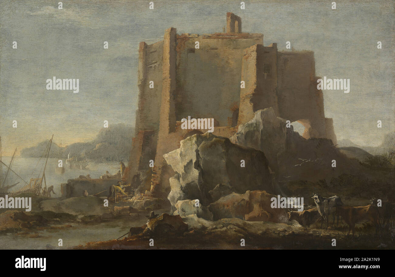 Paesaggio con la roccia e fortezza, c. 1640/50, Domenico Gargiulo (Micco Spadaro), attribuita a, Italiano, 1609-1675, Italia, olio su tela, 22 1/4 x 34 7/8 in. (56,6 x 88,6 cm Foto Stock