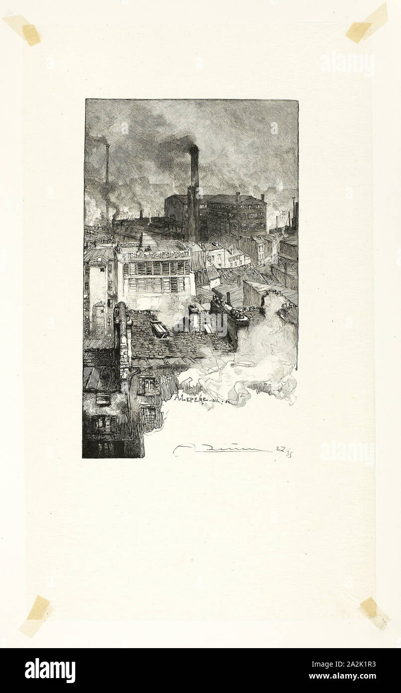 Quartier des Gobelins, piastra 20 da Le Long de la Seine et des Boulevards, 1889, pubblicato 1910, Louis Auguste Lepère (Francese, 1849-1918), pubblicata da A. Desmoulins (francese, attivo c. 1908-1910), Francia, incisione su legno nero in crema tessuto giapponese, 184 × 110 mm (nell'immagine), 306 × 180 mm (foglio Foto Stock