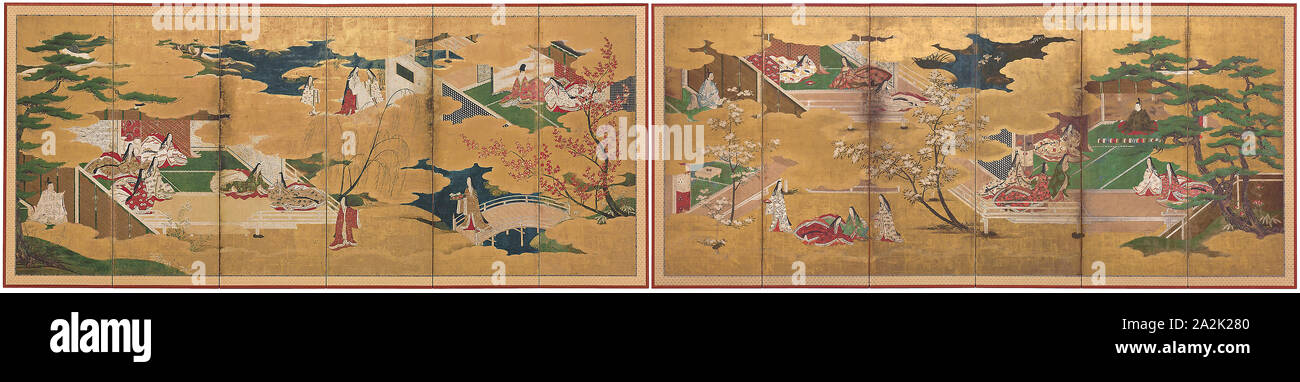 Il racconto di Genji, inizio del XVII secolo, Giapponese, Giappone, coppia di sei schermate del pannello, inchiostro, colori e oro su carta, 166 x 371 cm ciascuno Foto Stock