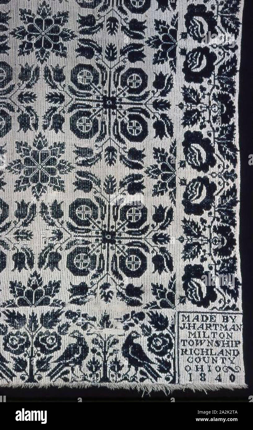 Coverlet, 1840 John Hartman (American, nato Tedesco, 1807-1881), Stati Uniti, Ohio, Richland County, Milton Township, Ohio, cotone e lana, ad armatura a tela piana con intrecci di legame secondario gli orditi e le trame di modellazione (Beiderwand) tessuto su telaio con attacco Jacquard, due altezze di telaio uniti, frange, 230,4 x 161.3 cm (90 5/8 x 63 1/2 in Foto Stock