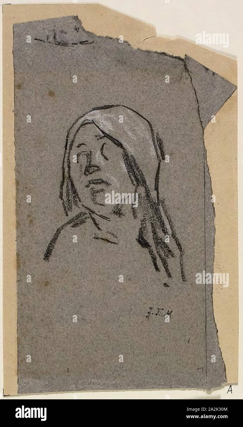 Studio di testa di donna, c. 1853, Jean François Millet, Francese, 1814-1875, Francia, gesso nero, intensificato con gesso bianco su blu-grigio carta intessuta stabilite sulla crema carta intessuta, 165 × 97 mm Foto Stock