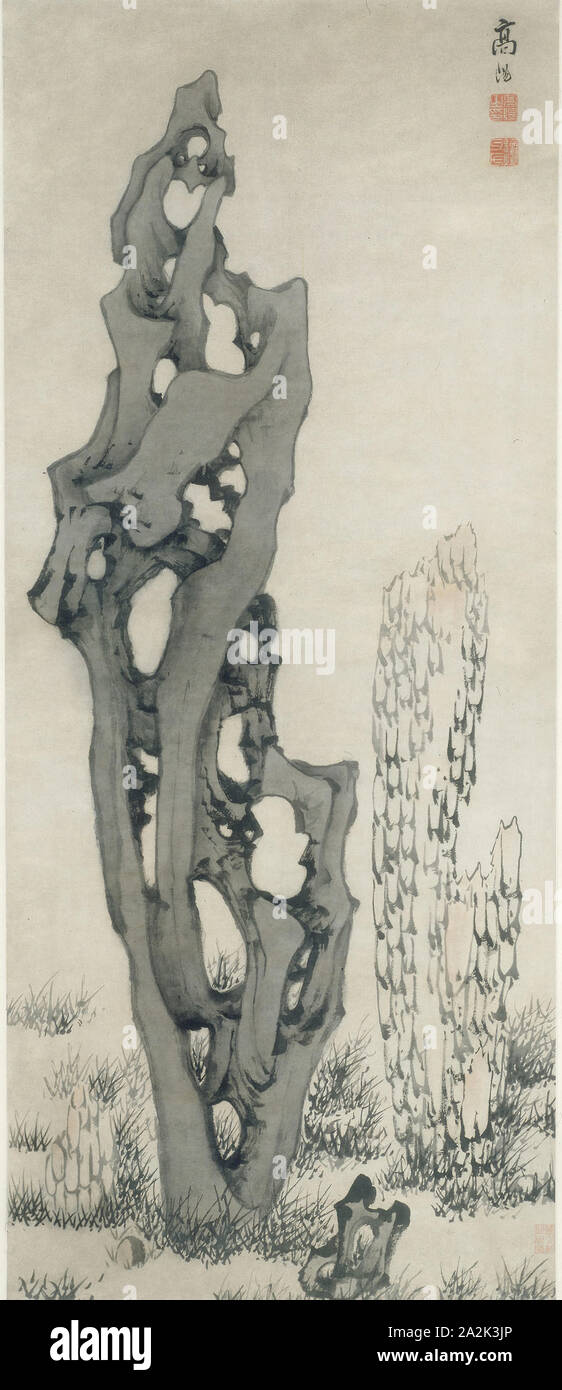 Strano rocce, dinastia Ming (1368-1644), all'inizio del XVII secolo, Gao Yang （高陽）, Cinese, attivo inizio/metà del XVII secolo, la Cina appesi a scorrimento, inchiostro e colore della luce su carta, 132 × 55,8 cm (52 × 22 in Foto Stock