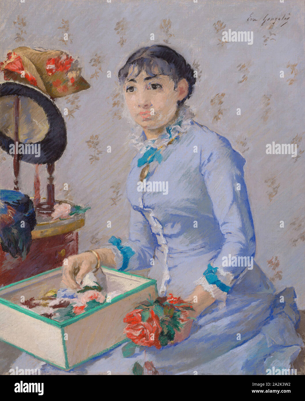 La modista, c. 1877, Eva Gonzalès, Francese, 1849-1883, Francia, pastello e acquerello su tela, 450 x 370 mm Foto Stock