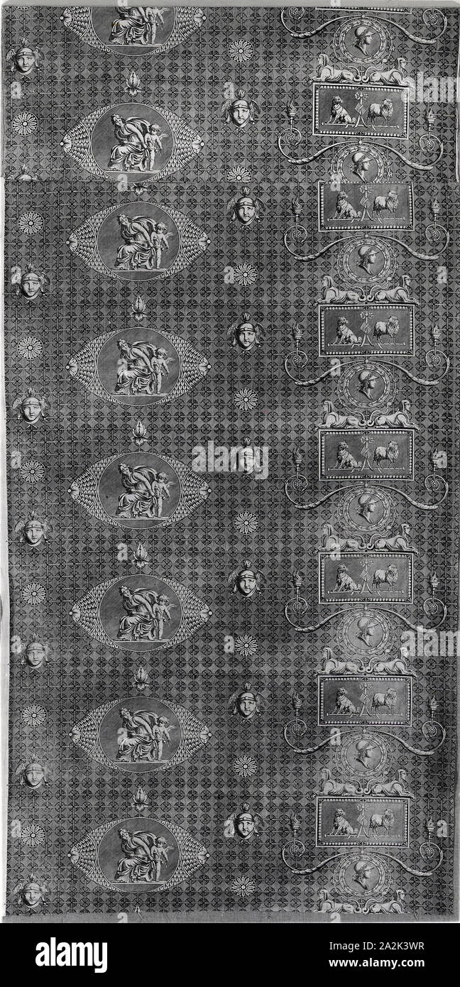 L'Amour Vainquerur (amore vittorioso) (tessuti per arredamento), c.1804, progettato da Jean Baptiste Huet (francese, 1745-1811) o Hippolyte Lebas (francese, 1782-1867), fabbricato da Christophe Phillipe Oberkampf (francese, active 1738-1815), Francia, Jouy-en-Josas, Francia, cotone, ad armatura a tela, rullo inciso stampato, due pezzi uniti, 191.2 × 97,1 cm (75 1/4 × 38 1/4 in Foto Stock