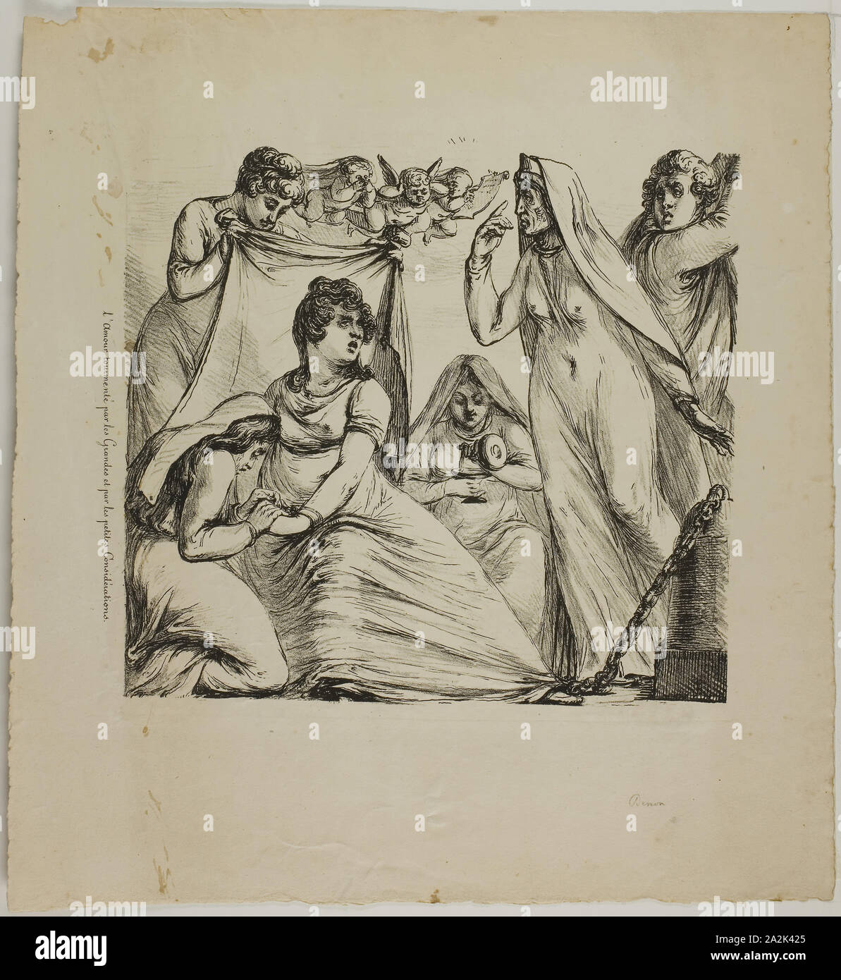 Amore tormentato da considerazioni grandi e piccole, 1817-20, Dominique-Vivant Denon, Francese, 1747-1825, Francia, litografia (penna e inchiostro stile e stile pastello) in bianco e nero in crema carta intessuta, 231 × 244 mm (nell'immagine), 362 × 335 mm (foglio Foto Stock