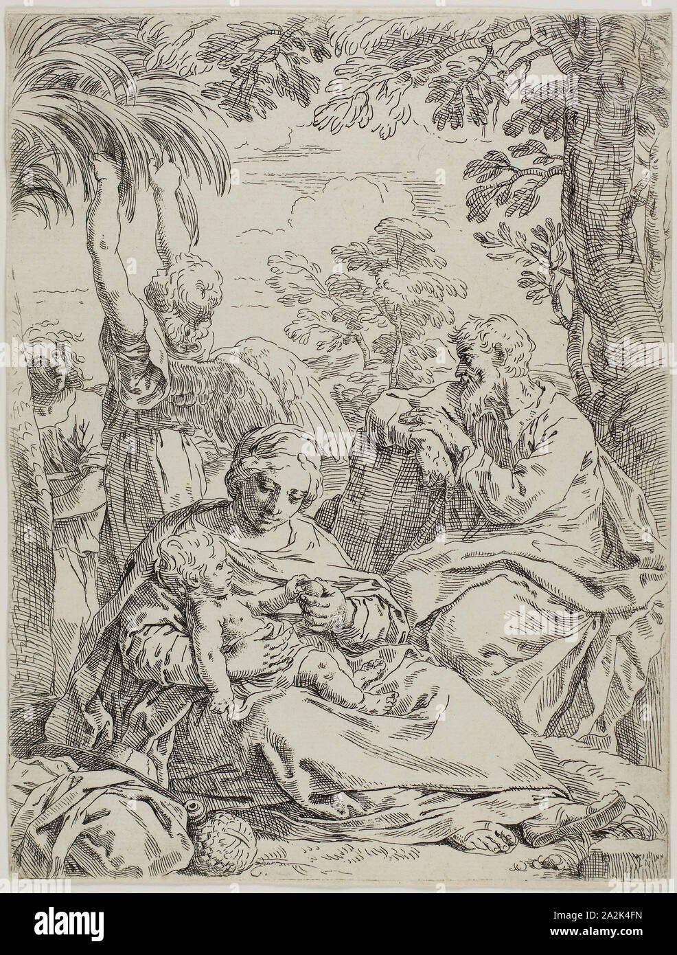 Resto sulla fuga in Egitto, n.d., di Simone Cantarini, Italiano, 1612-1648, Italia, incisione su avorio carta vergata, 223 x 170 mm (l'immagine/piastra), 224 x 171 mm (foglio Foto Stock