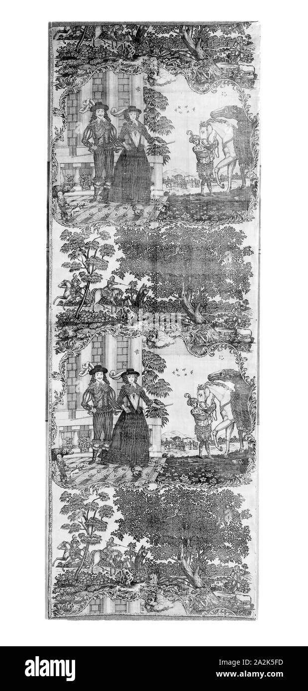 Pannello (tessuti per arredamento), c. 1785, dopo Daniel Mytens, il sambuco (Olandese, c. 1590-1647), fabbricato da Sir Robert Peel (inglese, fondata c. 1770), in Inghilterra, cotone, ad armatura a tela, calcografia stampato, *** 199,4 × 70,4 cm (78 1/2 × 27 3/4 in Foto Stock