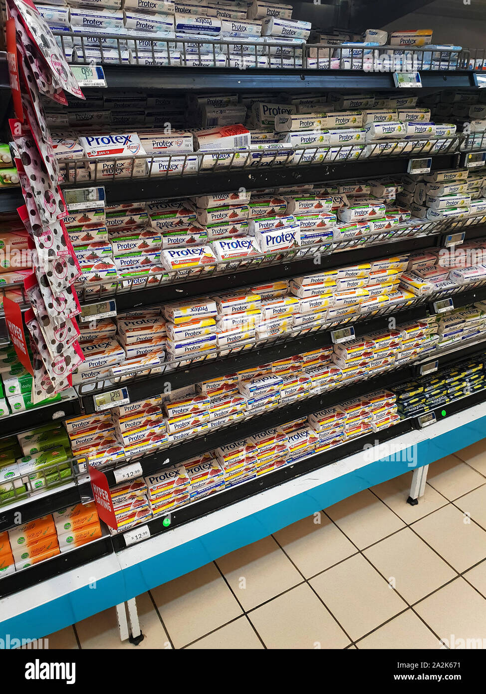 Corridoio di sapone in un Pick n Pay supermercato, Sud Africa Foto Stock