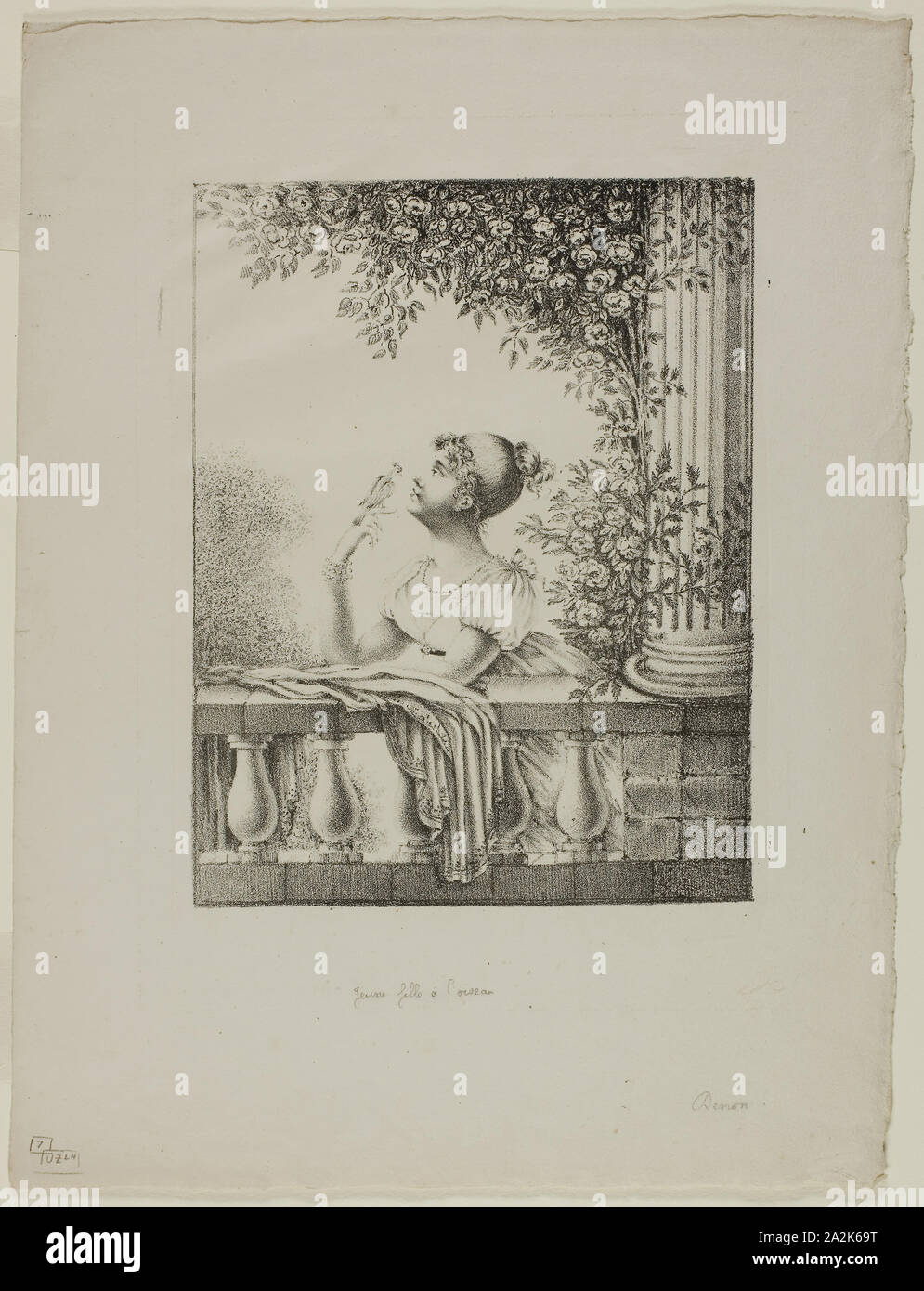 Ragazza giovane con Bird, c. 1820, Dominique-Vivant Denon, Francese, 1747-1825, Francia, litografia in bianco e nero in crema carta intessuta, 215 × 168 mm (nell'immagine), 346 × 264 mm (foglio Foto Stock