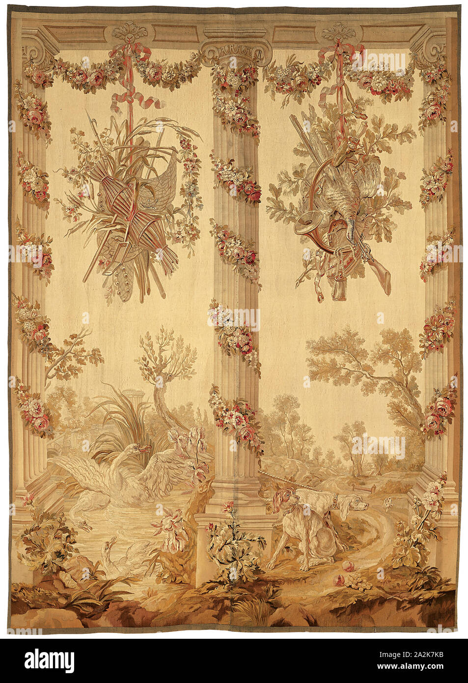 Un pannello da una serie di portici, 1775/1800, dopo disegni di Jean-Baptiste Oudry (1686-1755) e/o Jean-Baptiste Huet (1745-1811), o gli artisti nella loro cerchia, tessuti a uno sconosciuto workshop presso la fabbricazione Royale du Beauvais o la fabbricazione Royale d'Aubusson, Francia, Beauvais o Aubusson, Francia, lana e seta e la fessura di incastro a doppia tessitura arazzi, 217.8 x 295.2 cm (85 3/4 × 116 1/4 in Foto Stock Un pannello da una serie di portici, 1775/1800, dopo disegni di Jean-Baptiste Oudry (1686-1755) e/o Jean-Baptiste Huet (1745-1811), o gli artisti nella loro cerchia, tessuti a uno sconosciuto workshop presso la fabbricazione Royale du Beauvais o la fabbricazione Royale d'Aubusson, Francia, Beauvais o Aubusson, Francia, lana e seta e la fessura di incastro a doppia tessitura arazzi, 217.8 x 295.2 cm (85 3/4 × 116 1/4 in Foto Stock
