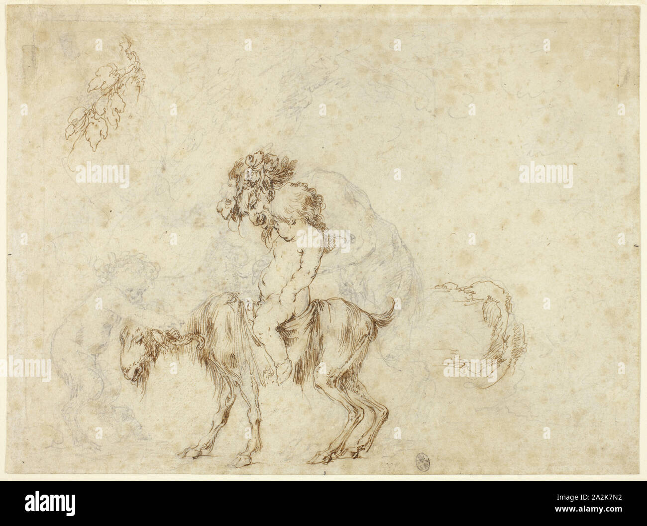 Studio per il Satiro famiglia a piedi (recto), schizzi di cinque vasi decorativi (verso), c. 1657, Stefano della Bella, Italiano, 1610-1664, Italia, penna e inchiostro bruno e grafite (recto e verso) su avorio carta vergata, 135 x 183 mm Foto Stock