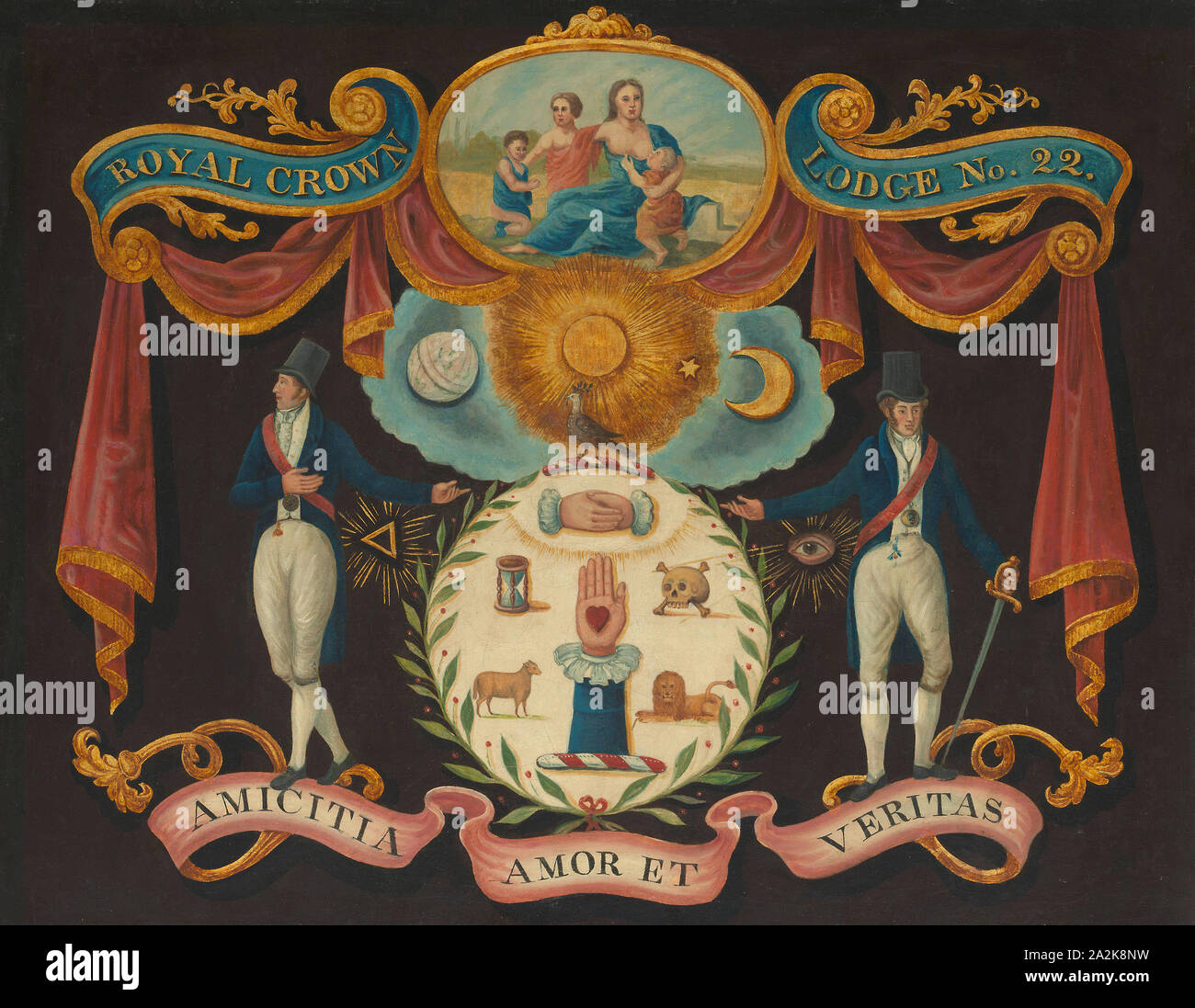 Emblemi per Royal Crown Lodge n. 22, 1810/15, inglese, secolo XIX, Stati Uniti, olio su pannello, 63,5 × 80,7 cm (25 × 31 3/4 in Foto Stock