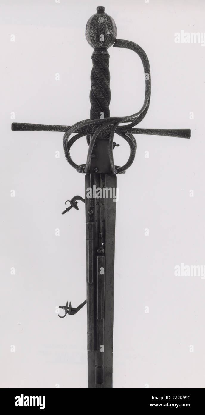 Pinze combinate con due pistole Wheel-Lock, c. 1600, tedesco, Bladesmith: Hernandez Sebastian, Germania, acciaio, ferro, ottone, oro, argento, doratura, e legno, L. 111.8 cm (44 Foto Stock