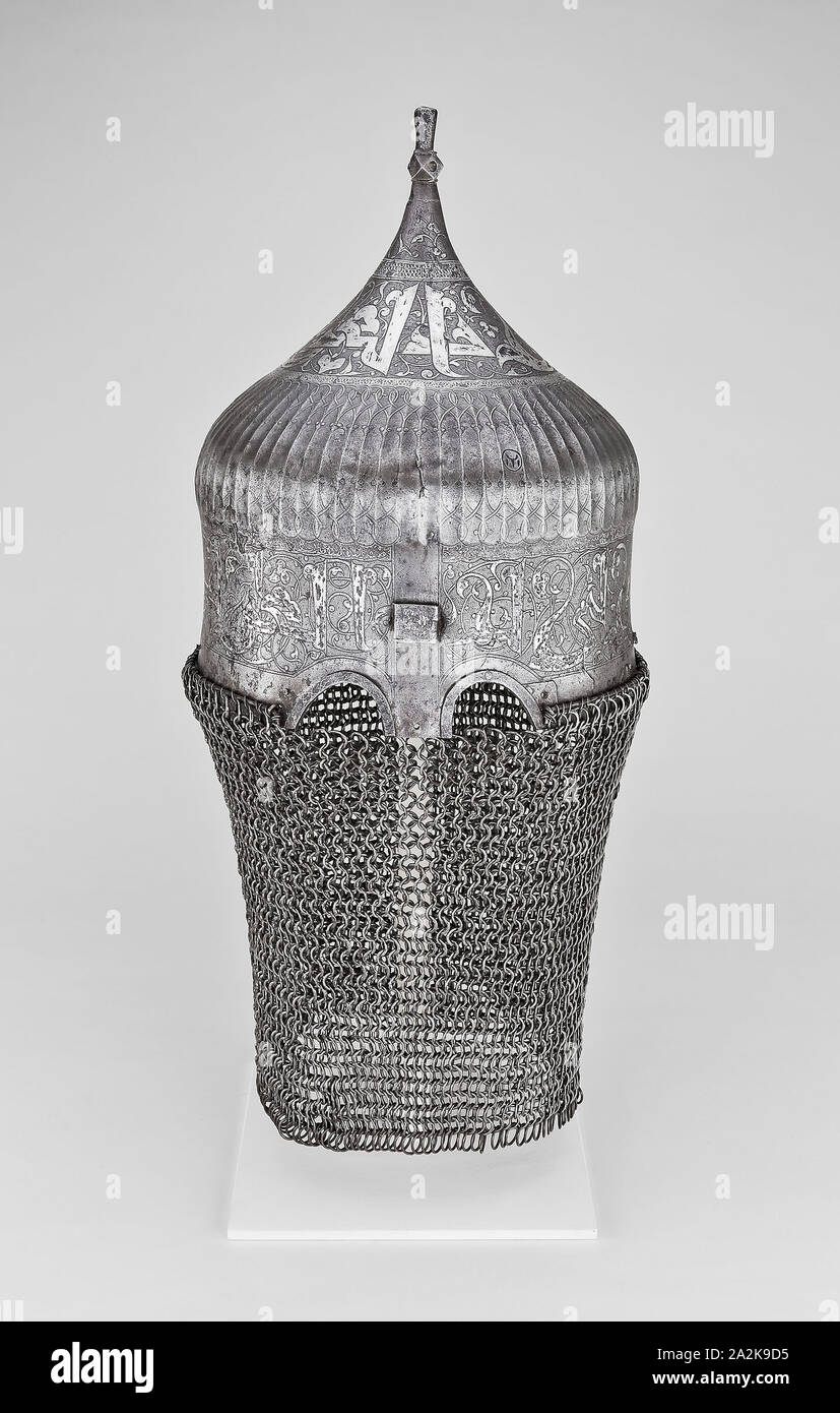 Turbante casco, c. 1475/1500, Western iraniano,'Iran occidentale, acciaio e argento, H. 55,9 cm (22 in Foto Stock