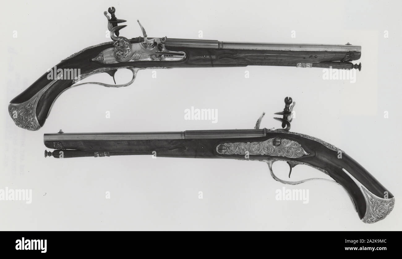 Coppia di Flintlock Pistols, XVIII secolo, canna: Lazzarino Cominazzo, Lock: Giovanni Botti, Italiano, Brescia, Brescia, legno e acciaio Foto Stock