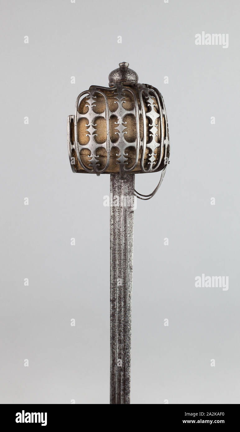 Broadsword Basket-Hilted (Claymore), c. 1760, scozzese, Scozia, acciaio, legno e pelle, complessivamente L. 101,5 cm (39 15/16 in Foto Stock