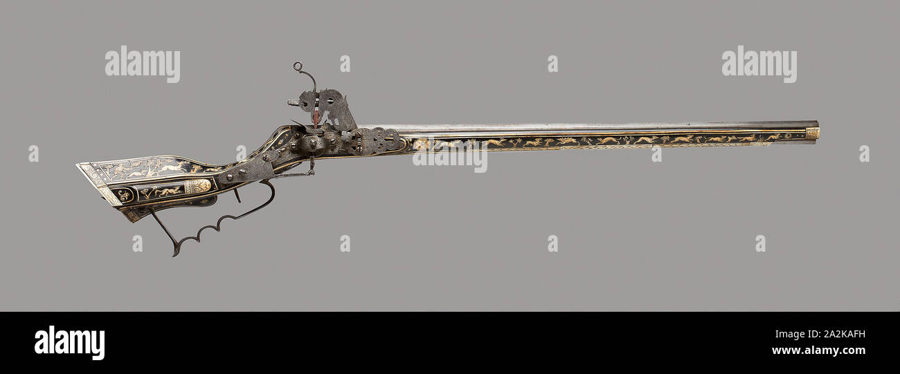 Pistola Wheellock di forma Tschinke, 1650, polacco, Slesia, Teschen, Teschen, ebano, corno e avorio, L. 127 cm (50 Foto Stock