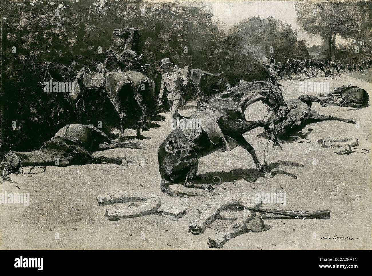 Come i cavalli sono morti per il loro paese a Santiago, 1899, Frederic Remington, americano, 1861-1909, Stati Uniti, olio su tela, 68,6 × 101,7 cm (27 × 40 1/16 in Foto Stock