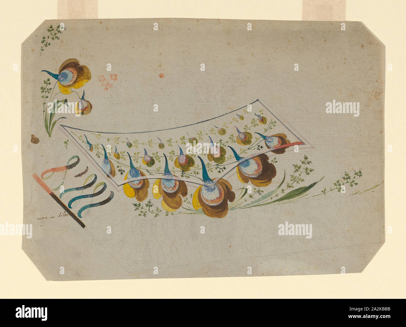 Design per un corpetto ricamato in tasca, 1780/90, Francia, probabilmente a Lione, Francia, Polychrome design floreale con arabeschi lungo il bordo inferiore del corpetto, 22,3 × 31,2 cm (8 3/4 × 12 1/4 in Foto Stock